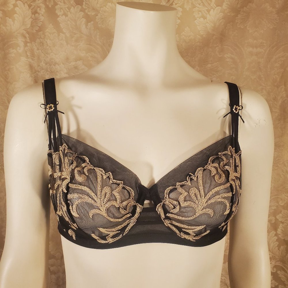 FELINA Lingerie Black & Champagne Gold Ultra Sheer Embroidered Underwire Bra